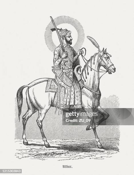 illustrations, cliparts, dessins animés et icônes de akbar the great (1542-1605), indian mughal, gravure sur bois, publié en 1893 - akbar le grand