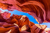 View to spectacular sandstone walls of lower Antelope Canyon in Arizona