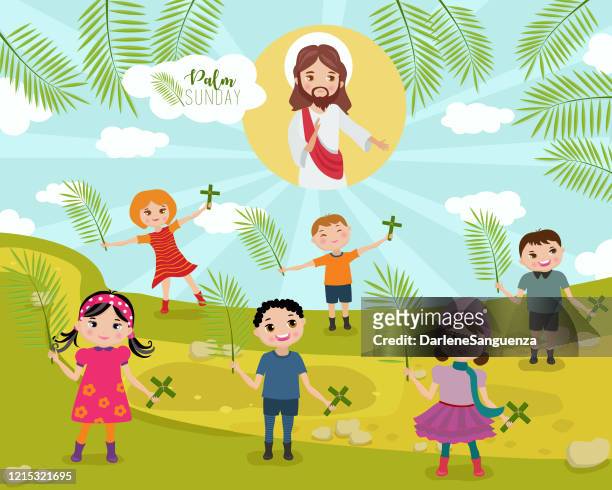 ilustraciones, imágenes clip art, dibujos animados e iconos de stock de niños sosteniendo hojas de palma y crucifijo alabando a jesús el domingo de ramos - jesus palm sunday