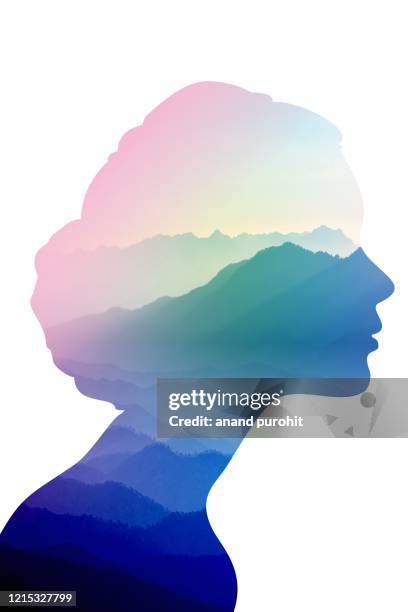 background abstract misty mountain range women head colourful wallpaper digital art gradient pastel dramatic - angelica bella 2020 fotografías e imágenes de stock