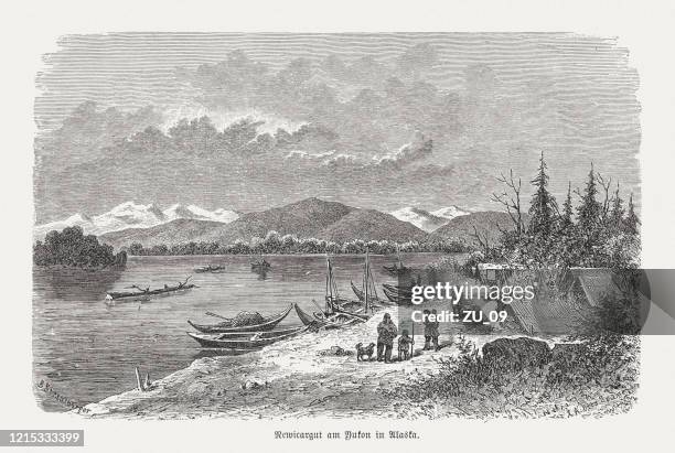 koyukon village on the nowitna river, alaska, woodcut, published 1893 - alaska stock illustrations