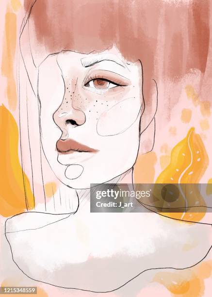 beautiful woman digitally painted half face portrait. - geheimnis stockfoto's en -beelden