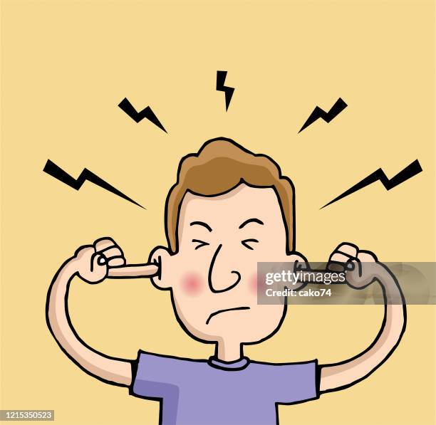 stockillustraties, clipart, cartoons en iconen met de mens die oren van het beeldverhaal met vinger overmaakt - ignoring