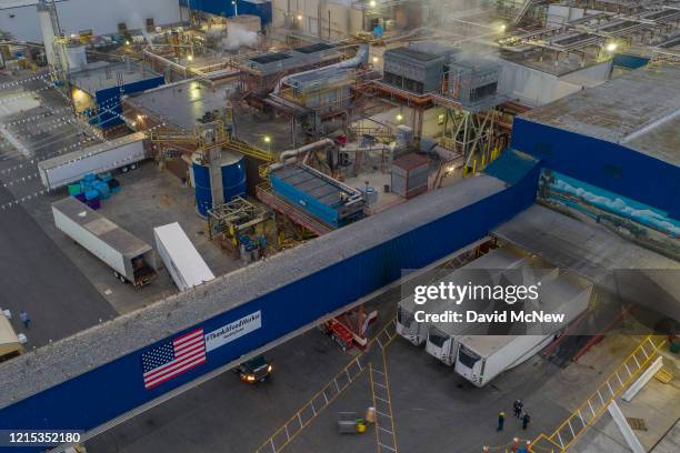 An aerial view shows the Farmer John slaughterhouse after 153 workers tested positive for COVID-19, on May 26, 2020 in Vernon, California. Los...