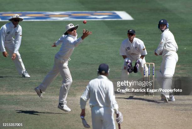 Stephen Fleming of New Zealand reaches for the ball as Dominic Cork of England defends his wicket during the 3rd Test match between New Zealand and...