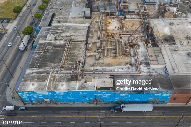 An aerial view shows the Farmer John slaughterhouse after 153 workers tested positive for COVID-19, on May 26, 2020 in Vernon, California. Los...