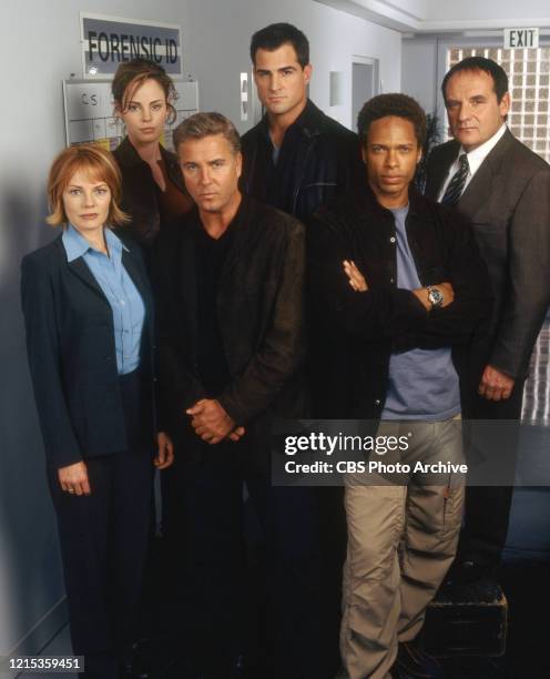 Crime Scene Investigation. Pictured from left is Marg Helgenberger as Catherine Willows, Chandra West as Holly Gribbs, William Petersen as Gil...
