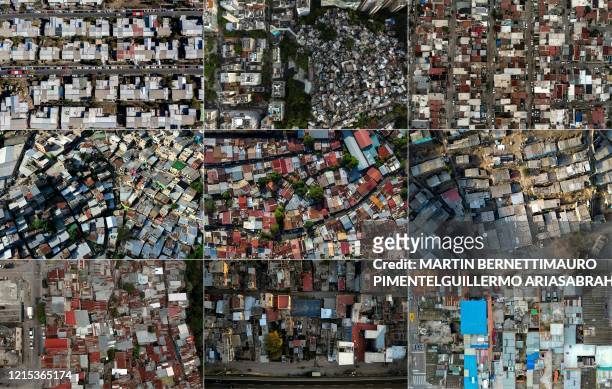 This combination of pictures created on May 26, 2020 shows aerial views of the Cerro 18 sector in the east of Santiago, the Pavao-Pavaozinho favela...