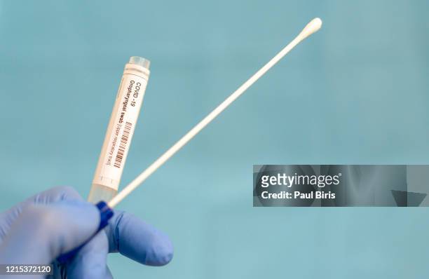 cotton swab and test tube for coronavirus test (covid-19)), macro image of medical equipment in hands of healthcare professional - corona virus stock-fotos und bilder