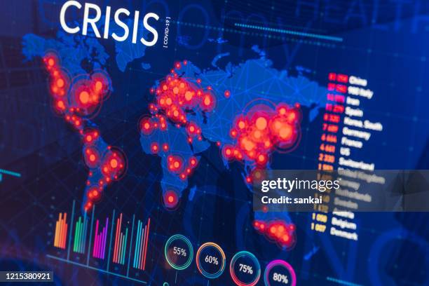 infografik der globalen finanz- und gesundheitskrise auf digitaler anzeige - banking crisis stock-fotos und bilder