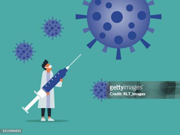 ilustrações de stock, clip art, desenhos animados e ícones de doctor fighting off giant coronavirus cells vector illustration - vacinação