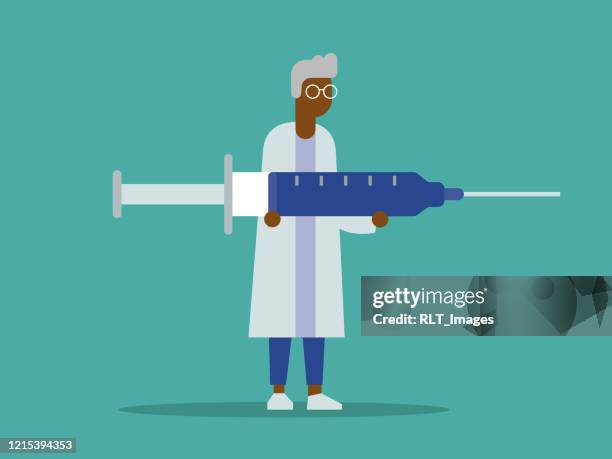 illustration of male african doctor holding giant syringe - one senior man only stock illustrations