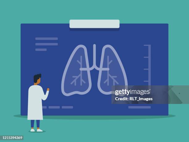 ilustraciones, imágenes clip art, dibujos animados e iconos de stock de médico examinando la radiografía de tórax gigante de la ilustración vectorial de los pulmones - imagen de rayos x