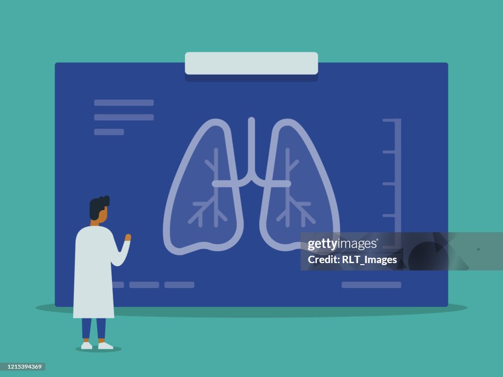 Doctor examining giant chest x-ray of lungs vector illustration