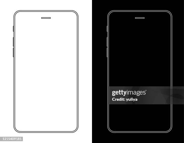 ilustraciones, imágenes clip art, dibujos animados e iconos de stock de smartphone, teléfono móvil en blanco y negro wireframe - esquema de página