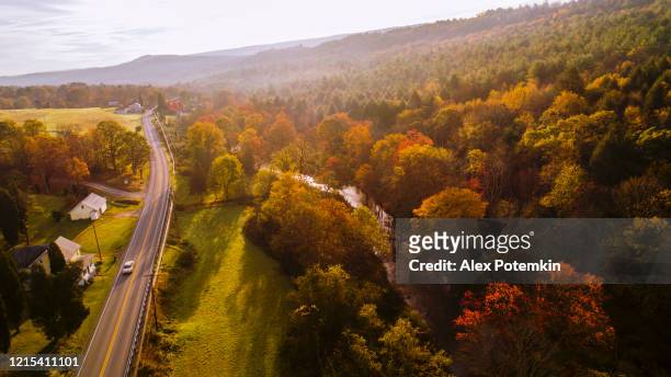 aerial view of the country road in the forest in the mountain in the autumn foggy morning. - pennsylvania stock pictures, royalty-free photos & images