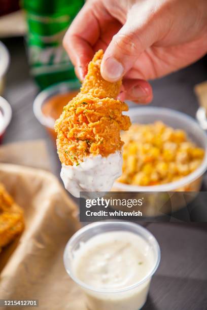 fried chicken and dipping sauce - chicken ingredient stock pictures, royalty-free photos & images