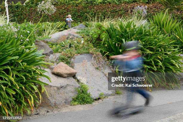 Kiwi toy is seen in a garden as a boy, who is the photographer's son, passes by on March 29, 2020 in Christchurch, New Zealand. Inspired by the...
