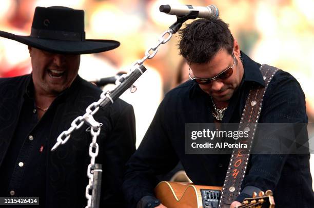 Eddie Montgomery, Troy Gentry and Montgomery Gentry perform at Halftime of the New York Jets vs San Diego Chargers game at The Meadowlands on...