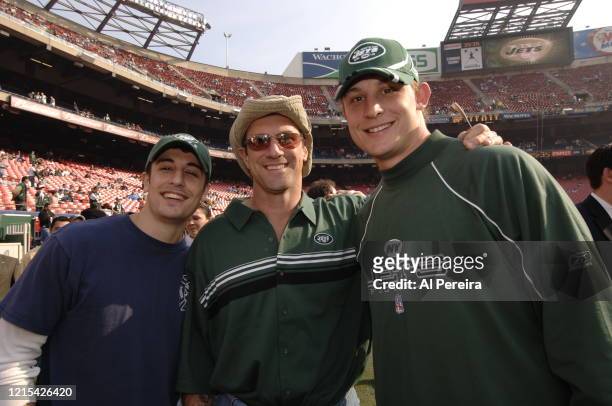 Christopher Meloni and Jason Biggs speak with New York Jets Quarterback Chad Pennington when they attend the New York Jets vs San Diego Chargers game...