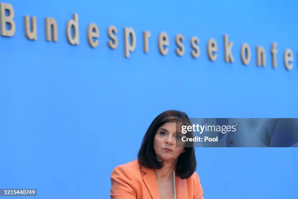 Katrin Goering-Eckardt, co-leader of the Bundestag faction of the German Greens Party, speaks to the media to present the party's economic policy...