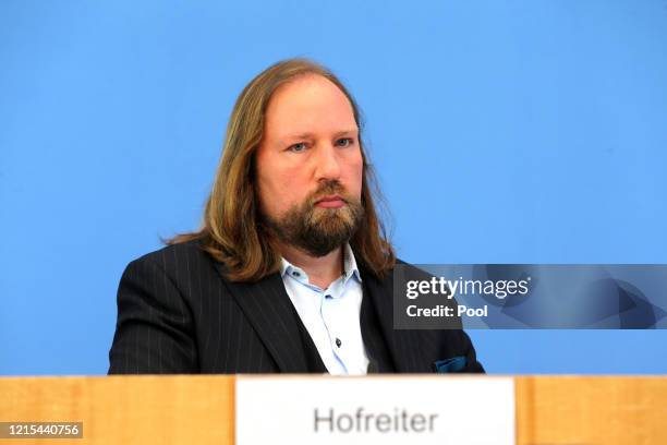 Anton Hofreiter, co-leader of the Bundestag faction of the German Greens Party, speaks to the media to present the party's economic policy program...