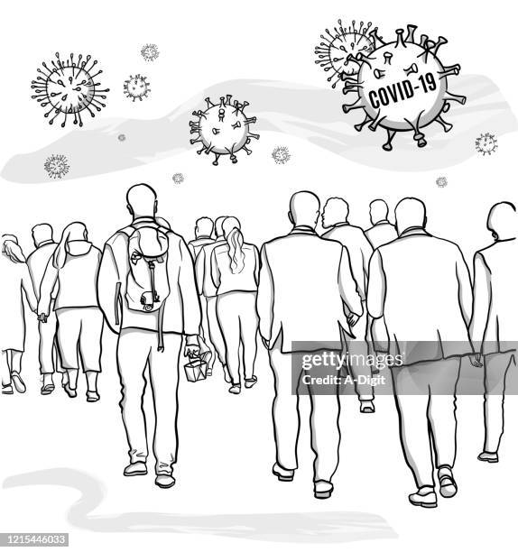 large urban center sidewalk - crowded sidewalk stock illustrations