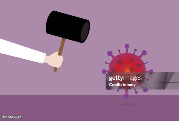 doctor with a hammer smashing a virus - flu shots stock illustrations