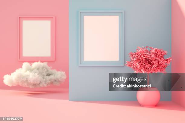 3d leerrahmen im wohnzimmer mit sonnenlicht und wolke - living room wallpaper stock-fotos und bilder