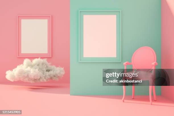 3d empty frame in living room with sunlight and cloud - white lounge chair stock pictures, royalty-free photos & images