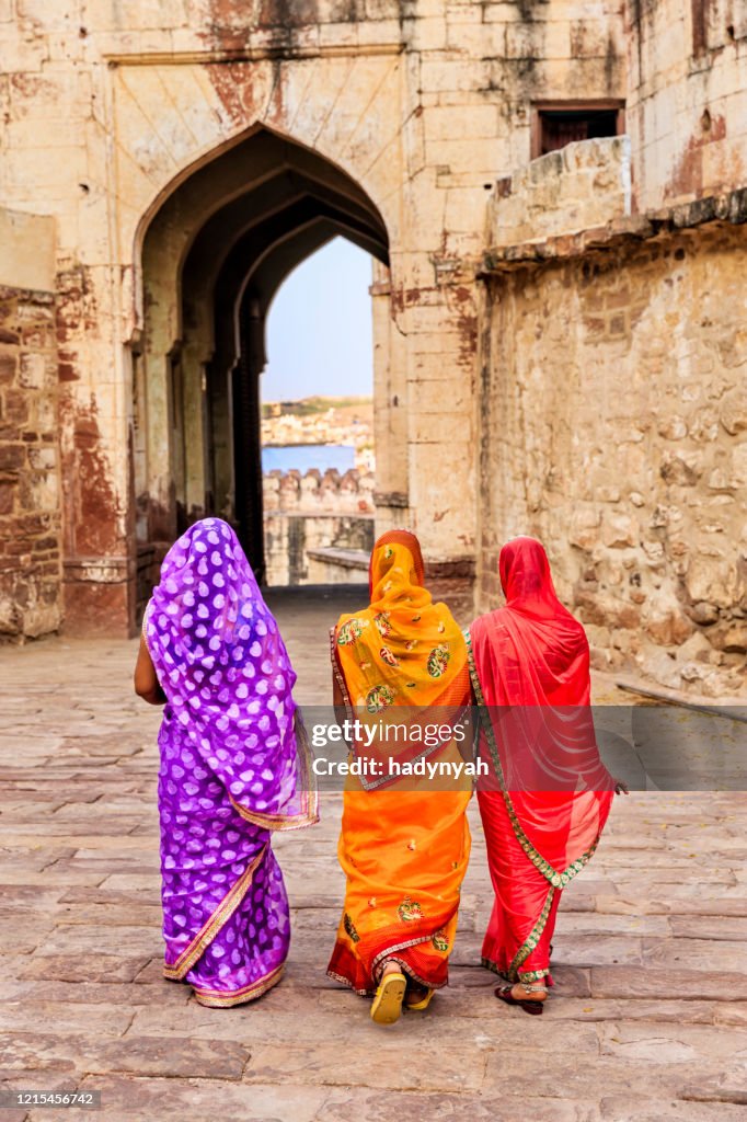 Three Indian women on the way to Mehrangarh Fort, India