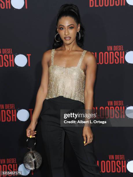 Janina Gordillo arrives for the Premiere Of Sony Pictures' "Bloodshot" held at The Regency Village on March 10, 2020 in Los Angeles, California.