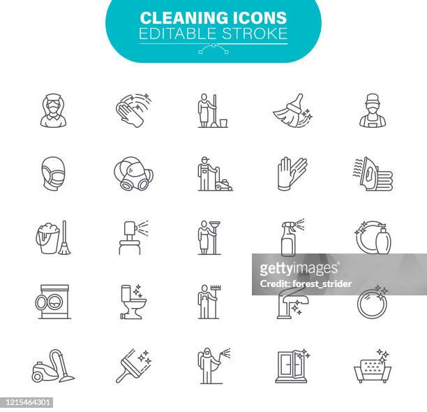 illustrazioni stock, clip art, cartoni animati e icone di tendenza di icone della linea di pulizia. l'insieme contiene il simbolo come lavori domestici; lavaggio, pistone; spolveratura, lavanderia, illustrazione - strofinare lavare