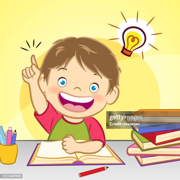 boy with idea light bulb - kid thinking stock illustrations