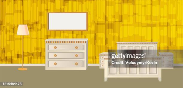 illustrations, cliparts, dessins animés et icônes de intérieur de la chambre avec des meubles classiques et du papier peint - frame border