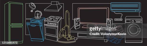 set of sketches of various home appliances - gas stove burner stock illustrations