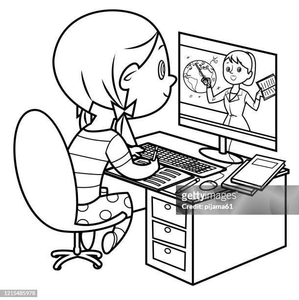 ilustrações de stock, clip art, desenhos animados e ícones de coloring book, little girl attending to online school class - children indoor