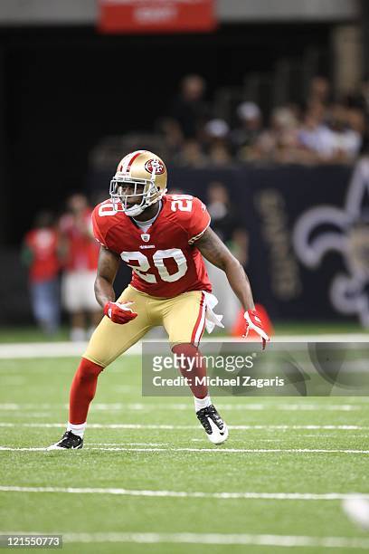 Madieu Williams of the San Francisco 49ers defends during the game against the New Orleans Saints at the Louisiana Superdome on August 12, 2011 in...
