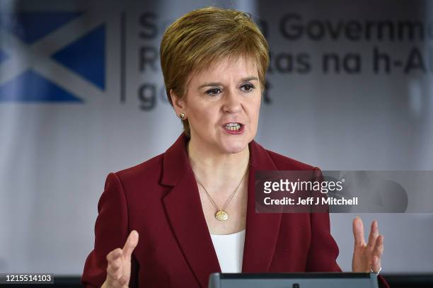 The Scottish First Minister Nicola Sturgeon gives a coronavirus briefing at St Andrews House on March 29, 2020 in Edinburgh, Scotland. The...