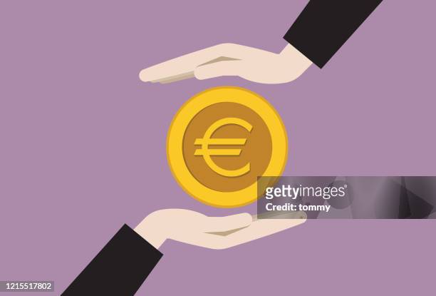 stockillustraties, clipart, cartoons en iconen met twee zakenmanhanden met een euromunt - muntgeld