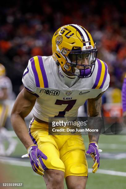 Safety Grant Delpit of the LSU Tigers warms up before the start of the College Football Playoff National Championship game against the Clemson Tigers...