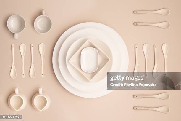 kitchen dishes knolling - porcelain background stock pictures, royalty-free photos & images