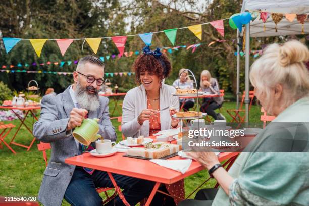 garden party - tea set stock pictures, royalty-free photos & images