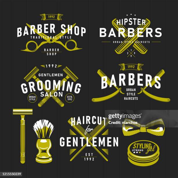 bildbanksillustrationer, clip art samt tecknat material och ikoner med barber shop retro emblem. - barberare