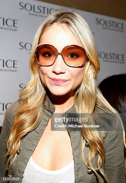 Actress Katrina Bowden in Balenciaga 0047S sunglasses poses at the Solstice Sunglass Boutique/Safilo USA booth during the HBO Luxury Lounge in honor...