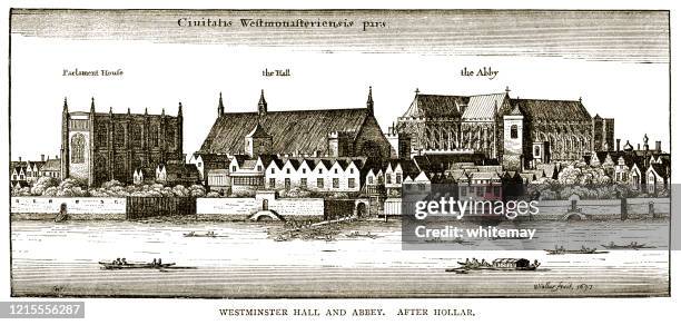 seventeenth century view over the river thames to parliament house, westminster hall and westminster abbey - 17th century london stock illustrations