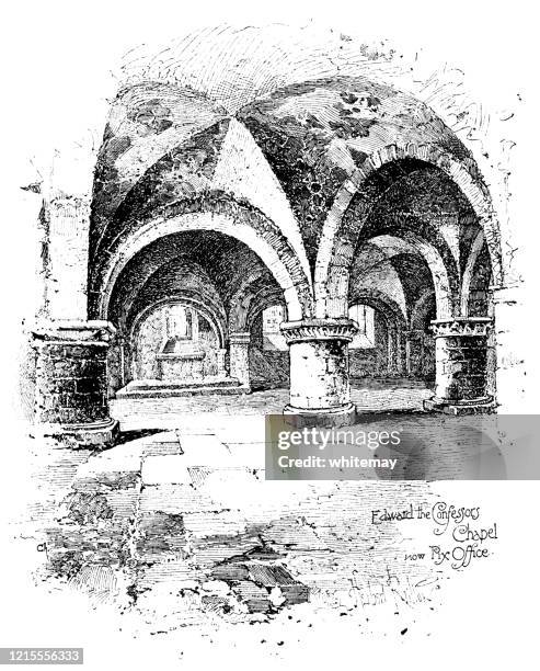 ilustraciones, imágenes clip art, dibujos animados e iconos de stock de la cámara pyx (la capilla del pyx, anteriormente capilla de eduardo la confesora) debajo de la abadía de westminster - techo abovedado