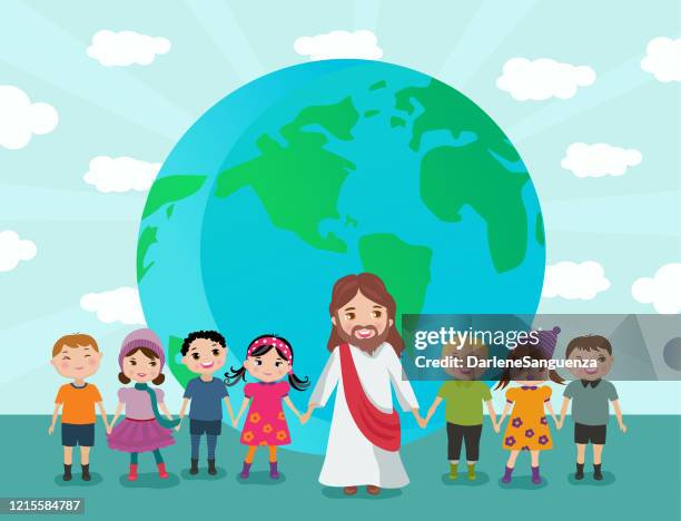 ilustrações, clipart, desenhos animados e ícones de jesus segurando as crianças em todo o mundo. - smiling jesus