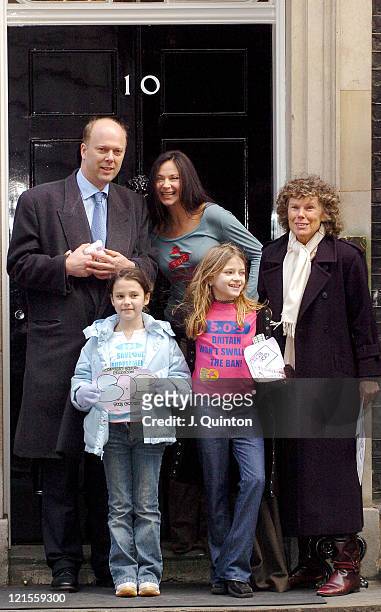 Carole Caplin with young protestors and Tory MP Chris Grayling deliver a protest letter to Tony Blair over a European Union directive intending to...