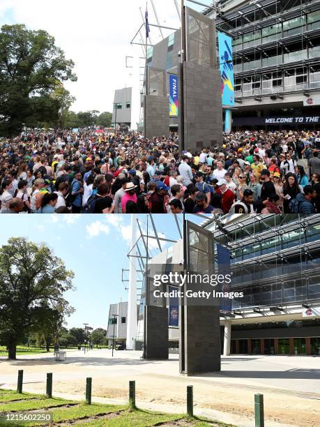 In this before-and-after composite image **TOP IMAGE** MELBOURNE, AUSTRALIA Spectators wait in line outside the Melbourne Cricket Ground before the...